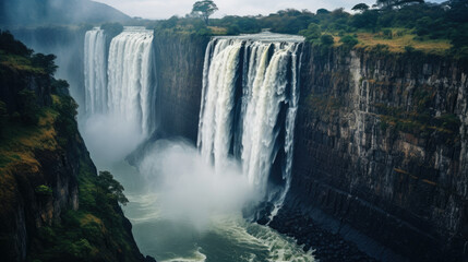 Fototapeta premium Majestic waterfall with lush cliffs tourism and travel industry use, featuring mist, awe-inspiring scenery, and the power of nature