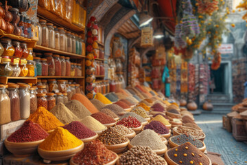 Fototapeta premium The cultural mosaic of spice bazaar, where aromatic spices, teas, and Turkish delights create a sensory experience. Concept of spice market allure. Generative Ai.