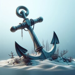 Close-up anchor lying on a sandy seabed.