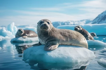 Tuinposter Curious seals on an Arctic ice floe amidst glaciers ideal for nature and conservation themes © Made360