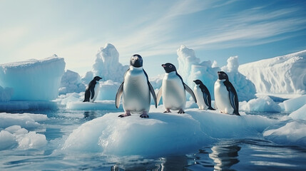 Penguin colony on an iceberg in serene Antarctica suitable for wildlife documentaries and environmental education