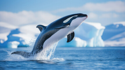 Obraz premium Jumping orca in Arctic waters with icebergs illustrating wildlife marine beauty for travel and conservation themes