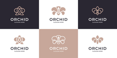 Orchid flower logo icon set. Minimalist beauty floral flourish logo collection