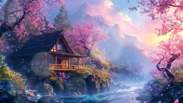 a traditional Japanese house by the river and beautiful views. seamless looping time-lapse virtual 4k video animation background.