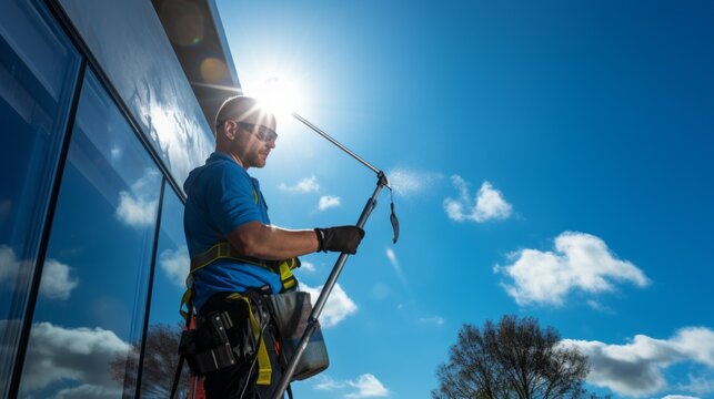 A male window cleaner cleans windows with a scraper and wiper on a sunny day against a bright blue sky