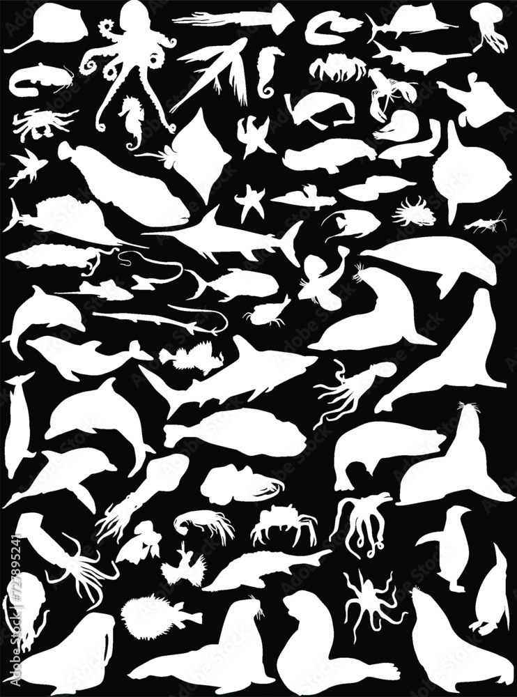 Sticker white silhouettes large set of sea fishes