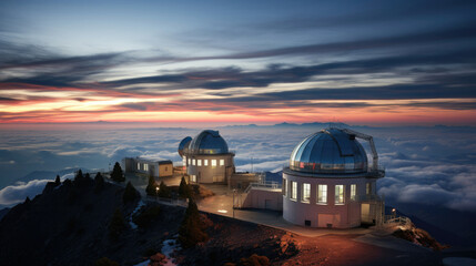 Obraz premium Mountaintop observatory at sunset offering a serene and inspiring view perfect for science, education, and tourism industries
