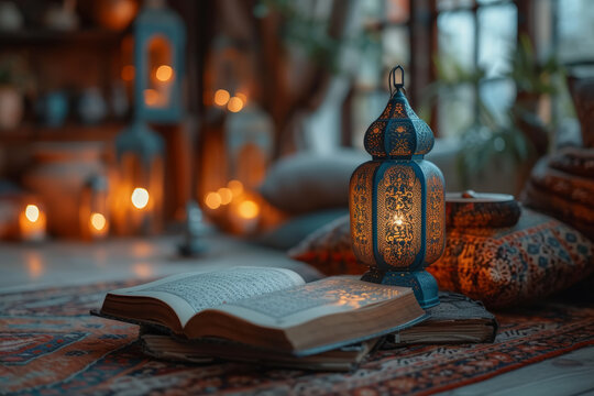 A symbolic "Khatam al-Quran" ceremony, marking the completion of reading the Quran during the month of Ramadan, with a sense of accomplishment. Concept of Quranic dedication. Generative Ai.