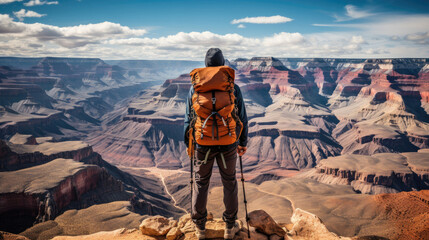Solo backpacker overlooking the vastness and beauty of Grand Canyon majestic landscape used for travel and adventure concepts