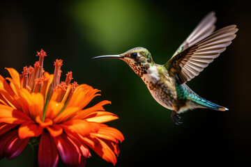 Fototapeta premium Hummingbird hovering over an orange flower capturing natural beauty and pollination for wildlife lovers and nature-themed use