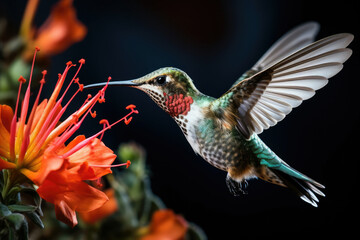 Fototapeta premium Hummingbird in Flight Feeding on Orange Flowers - Symbolizing Nature's Elegance and Agility for Wildlife and Birdwatching Enthusiasts