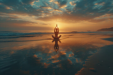 A fitness enthusiast engaged in a challenging yoga pose on a serene beach, promoting the importance...