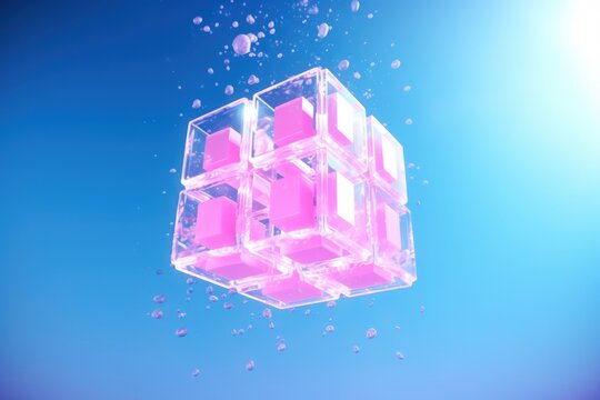 Cube with ice shape in pink color on blue background. Generate AI image