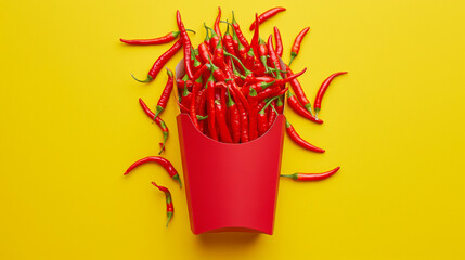 top view of red chili peppers packed in a french fries red paper box placed on a yellow background,  - obrazy, fototapety, plakaty