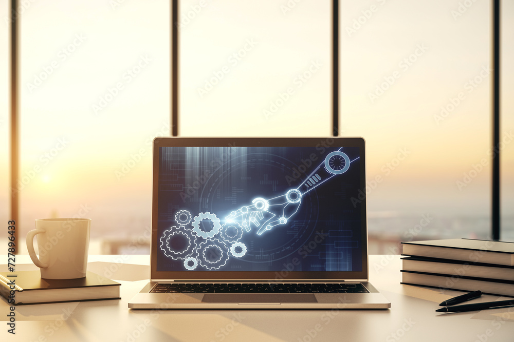 Fototapete modern computer monitor with robotics technology hologram. research and development software concept