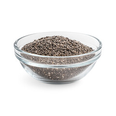 Heap of dried whole chia seeds oval and gray with black and white spots served in transparent glass...