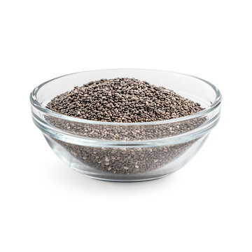 Heap of dried whole chia seeds oval and gray with black and white spots served in transparent glass bowl isolated on white background as food ingredient full of protein, fat, vitamins and minerals
