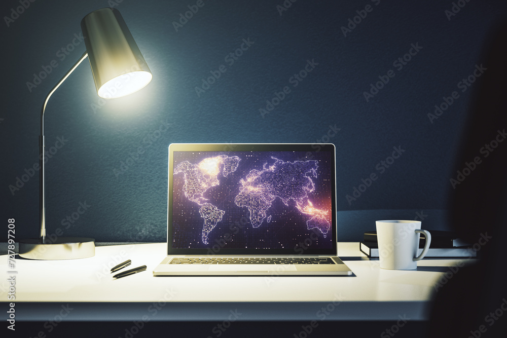 Poster Abstract digital world map on modern computer monitor, big data and blockchain concept. 3D Rendering
