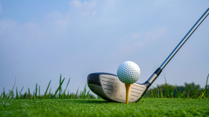 Golf club and ball in green grass. Golf balls on the golf course with golf clubs ready for golf in...
