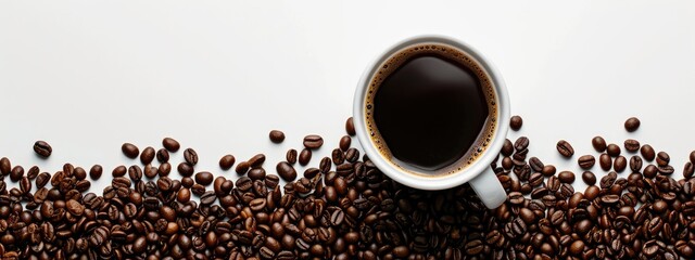 A top view of a cup of coffee accompanied by coffee beans, set against a textured background, offering a cozy and inviting scene.