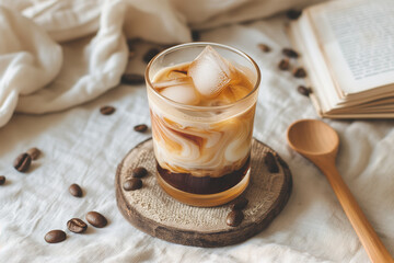 Iced Coffee with a Book and Wooden Spoon