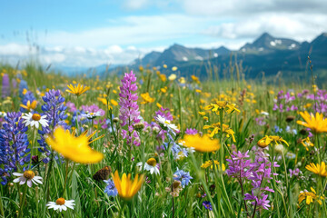 Obraz premium Wildflower meadow with mountains creating a tranquil natural habitat for bees and biodiversity in springtime