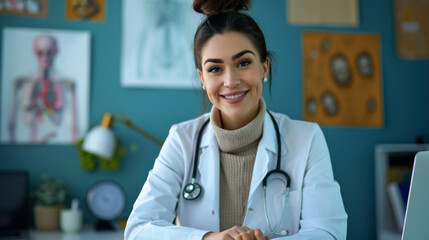 smiling female doctor with a stethoscope around her neck, sitting in a medical office with anatomical posters in the background