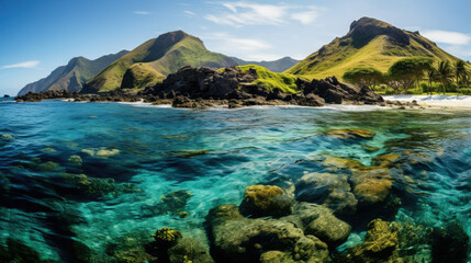 Tropical beach and clear ocean in sunny serene paradise ideal for travel and tourism with green hills scenic coastline and eco-tourism destination