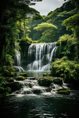 Fototapeta na wymiar Serene Waterfall Nestled in Lush Greenery Ideal for Travel and Nature Exploration