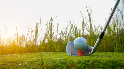 Golf club and ball in green grass. Golf balls on the golf course with golf clubs ready for golf in the first short.