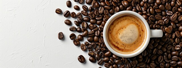 The aerial perspective captures a cup of coffee and scattered coffee beans against a rustic background, creating a delightful coffee-themed tableau.