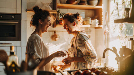 In a homely kitchen, women come together to cook, their smiles and laughter adding warmth to their culinary creations, epitomizing a healthy and joyful lifestyle - obrazy, fototapety, plakaty