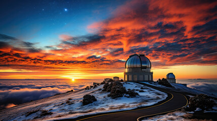 Obraz premium Observatory atop a serene hill during a vibrant sunset for science research and astrophotography