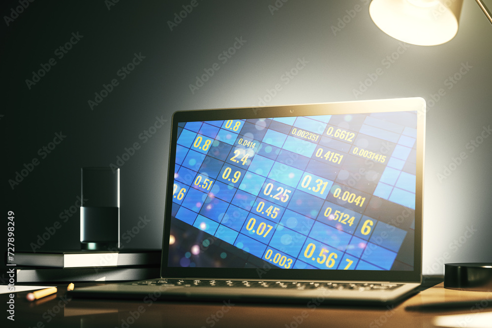 Poster modern computer monitor with abstract creative statistics data hologram, statistics and analytics co