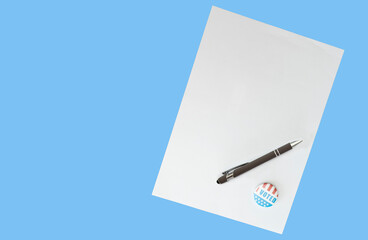 Empty ballot template with a USA badge and pen, blue background. Political election day concept. USA presidental election, Empty paper sheet copy space