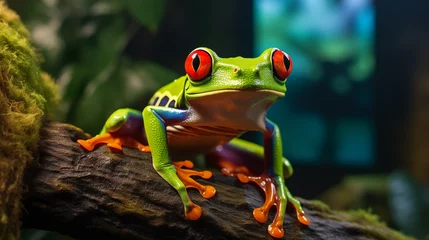Gordijnen Detailed macro photography of a green frog © Surasri