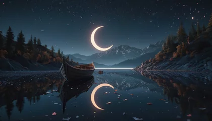 Fototapeten Fantasy night landscape with boat on the lake and full moon in the sky © Badr