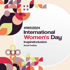 International Women's Day square banner. Modern geometric abstract background in colorful style for women day. Happy women's day greeting card cover with text. Happy world women's day for awareness