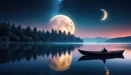 Poster Fantasy night landscape with boat on the lake and full moon in the sky © Badr
