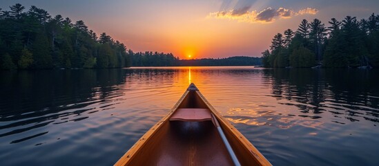 Photo a boat on a lake with the sun setting behind it - Powered by Adobe