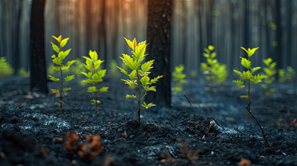 New growth seedlings emerging from fertile soil in a sunlit forest symbolizing hope and the promise of renewal and sustainability