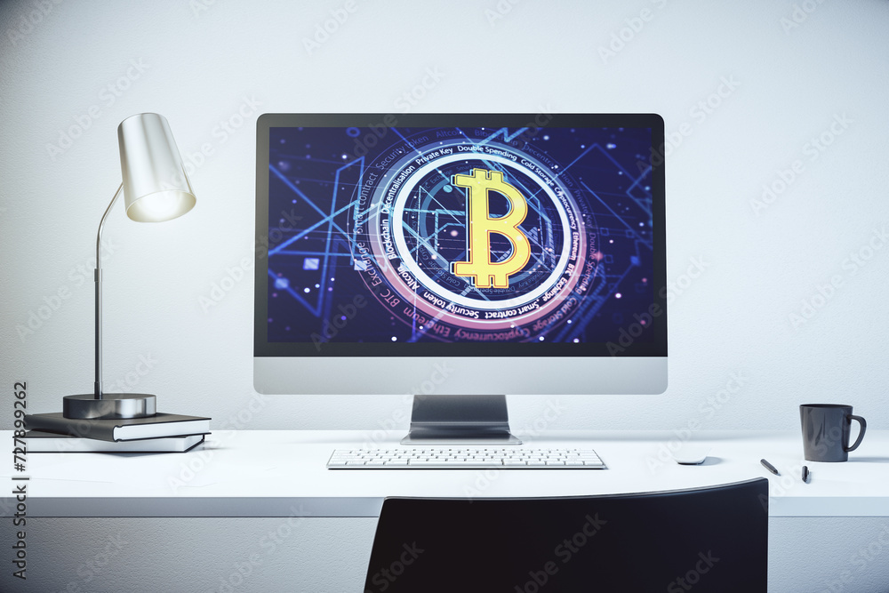 Poster creative bitcoin concept on modern laptop screen. 3d rendering