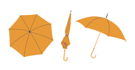 Yellow Umbrella, Folded And Open Portable, Foldable Device Designed To Shield From Rain Or Sunlight Protection On The Go - obrazy, fototapety, plakaty