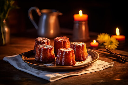 Indulge in the exquisite charm of Caneles de Bordeaux, a traditional French sweet dessert. A tasteful image for culinary projects and French pastry themes.