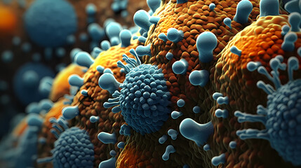 Macroscopic observation of organisms bacteria and cells and viruses under laboratory microscope - obrazy, fototapety, plakaty