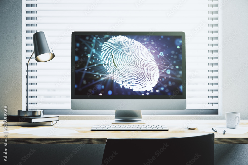 Poster abstract creative fingerprint illustration on modern laptop monitor, digital access concept. 3d rend