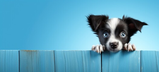 A small dog leaning on a wooden fence against an isolated pastel background, with ample copy space for customization.
