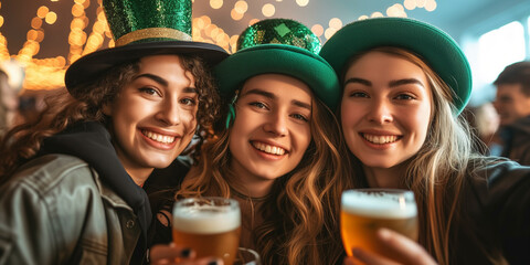 Friends in stylish hats with beers celebrating St. Patrick's Day