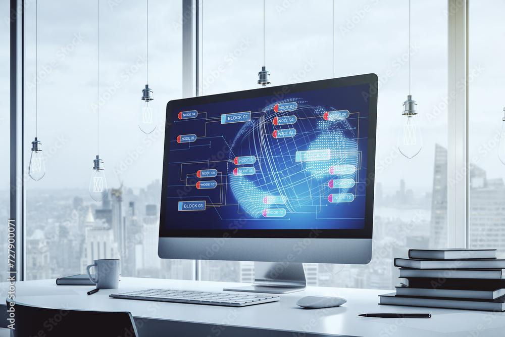 Aufkleber Modern computer screen with abstract graphic coding sketch and world map, big data and networking concept. 3D Rendering