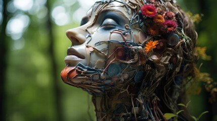 Futuristic cyborg face with flowers in a tranquil forest setting for concept art and sci-fi themes - obrazy, fototapety, plakaty